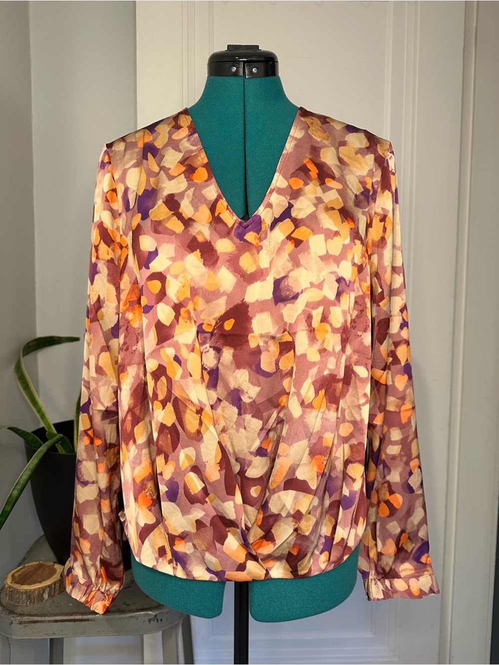 CAbi Abstract Print V-Neck Blouse in Purple, Pink and Orange